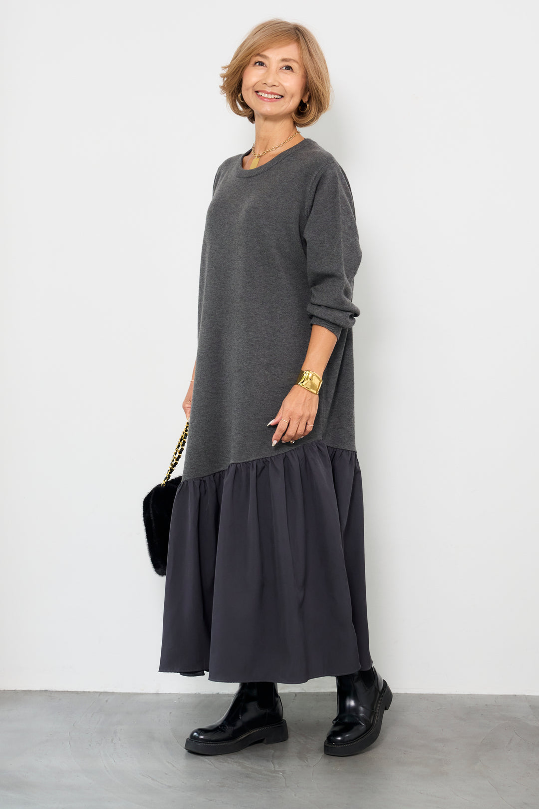 アシメ切替ニットワンピース