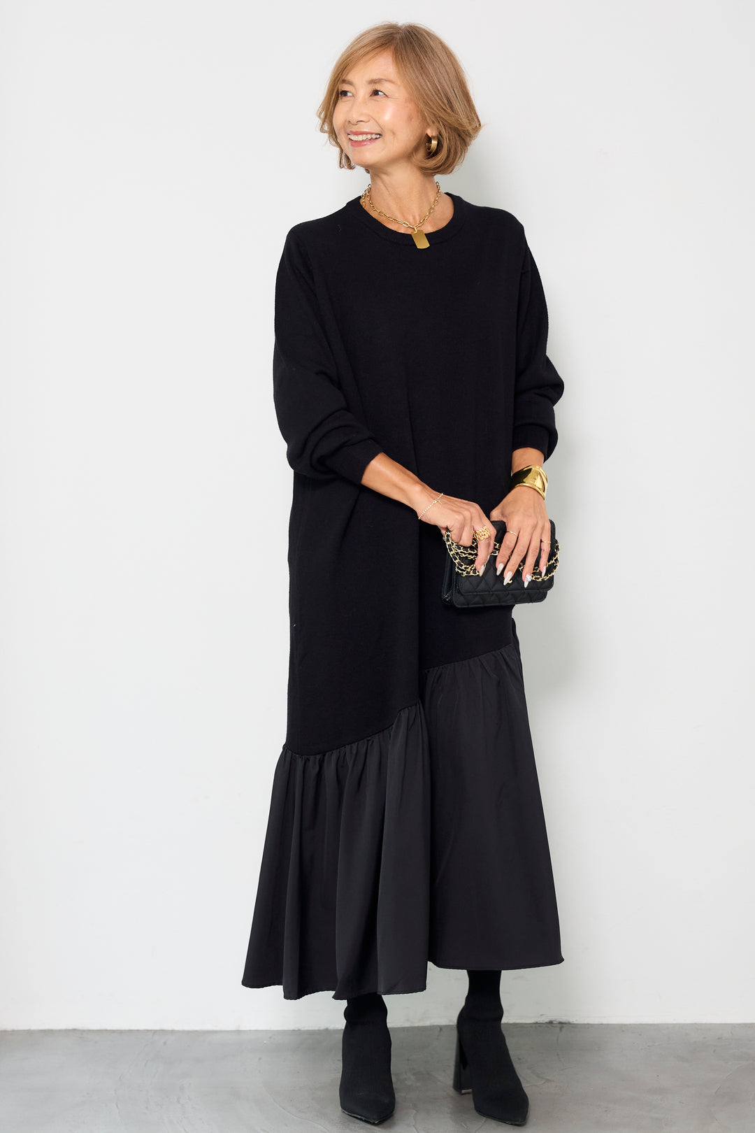 アシメ切替ニットワンピース