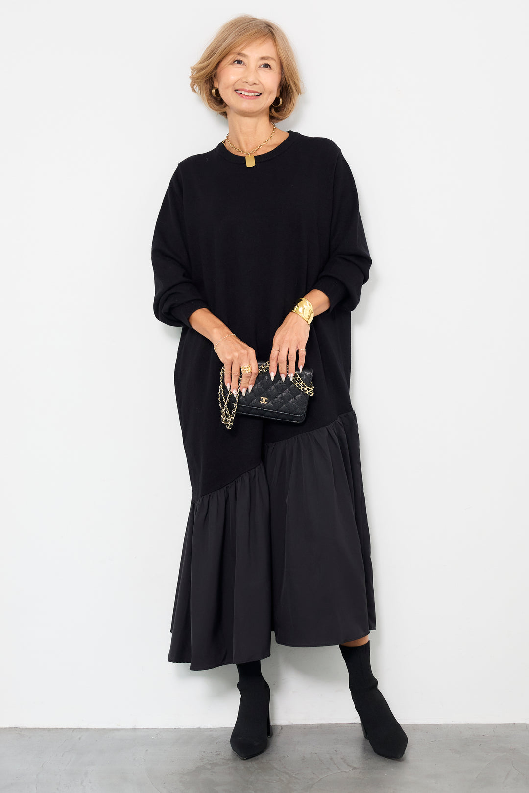 アシメ切替ニットワンピース