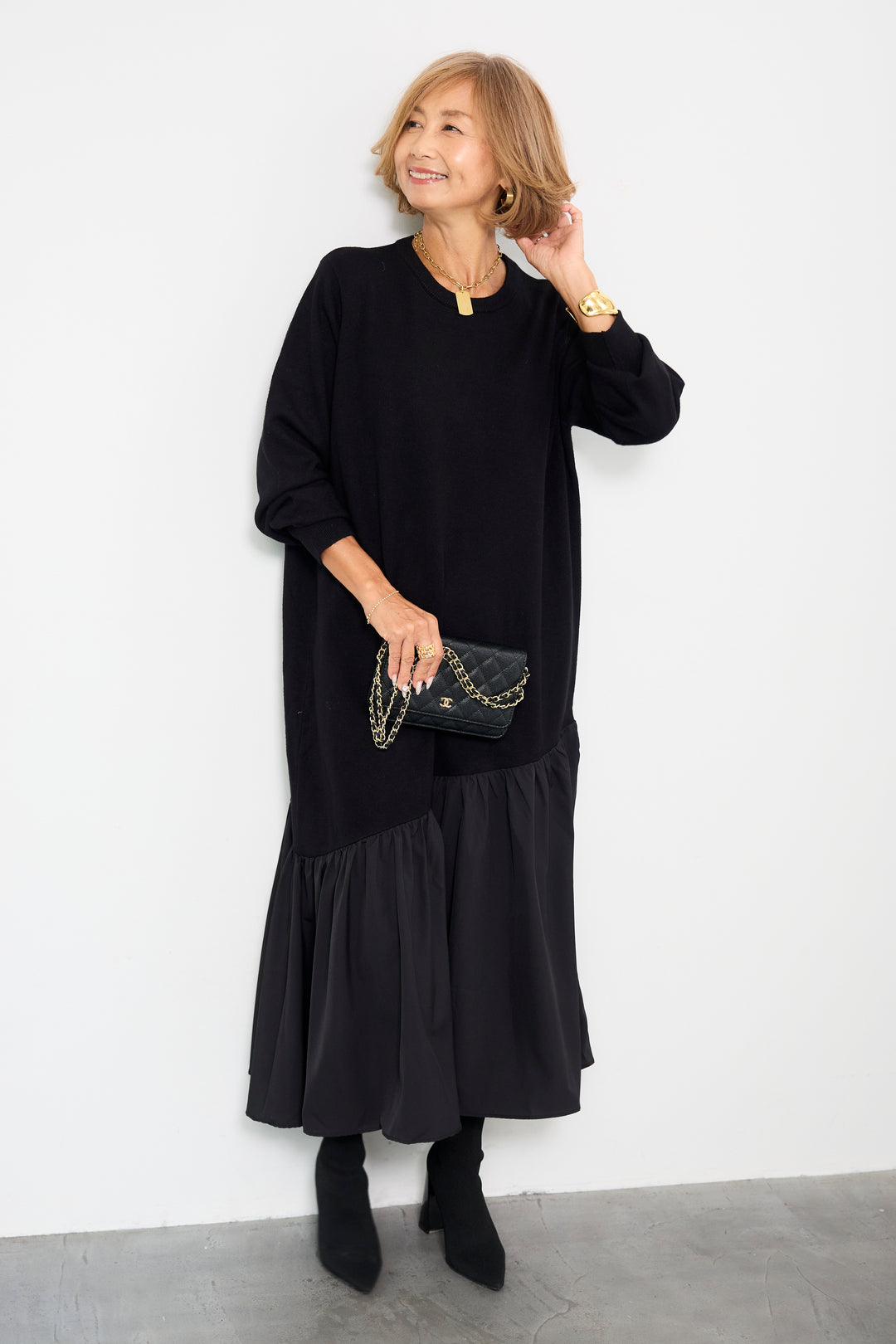 アシメ切替ニットワンピース