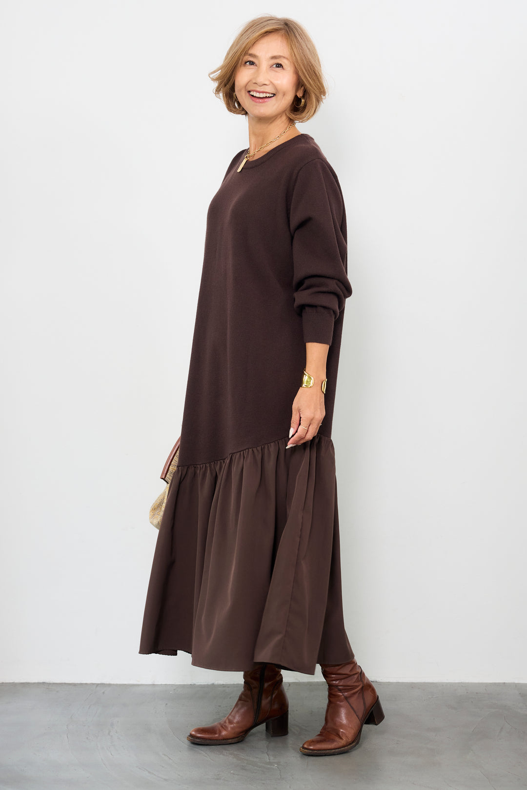 アシメ切替ニットワンピース