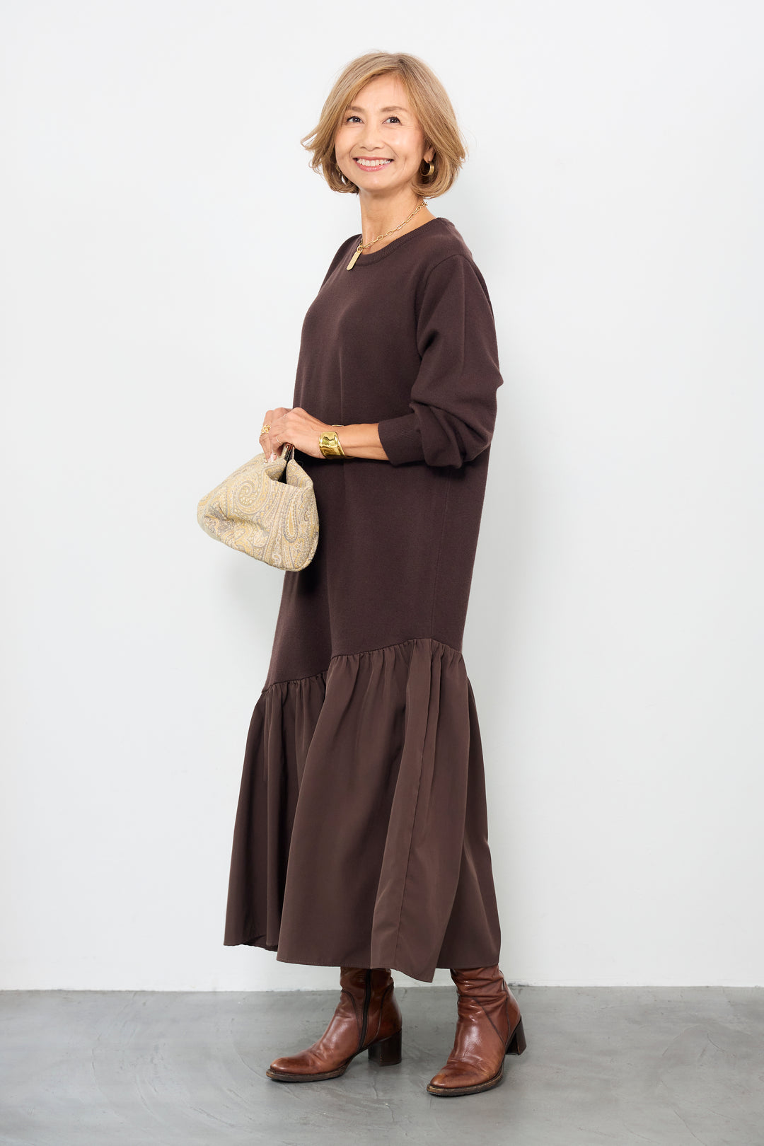 アシメ切替ニットワンピース