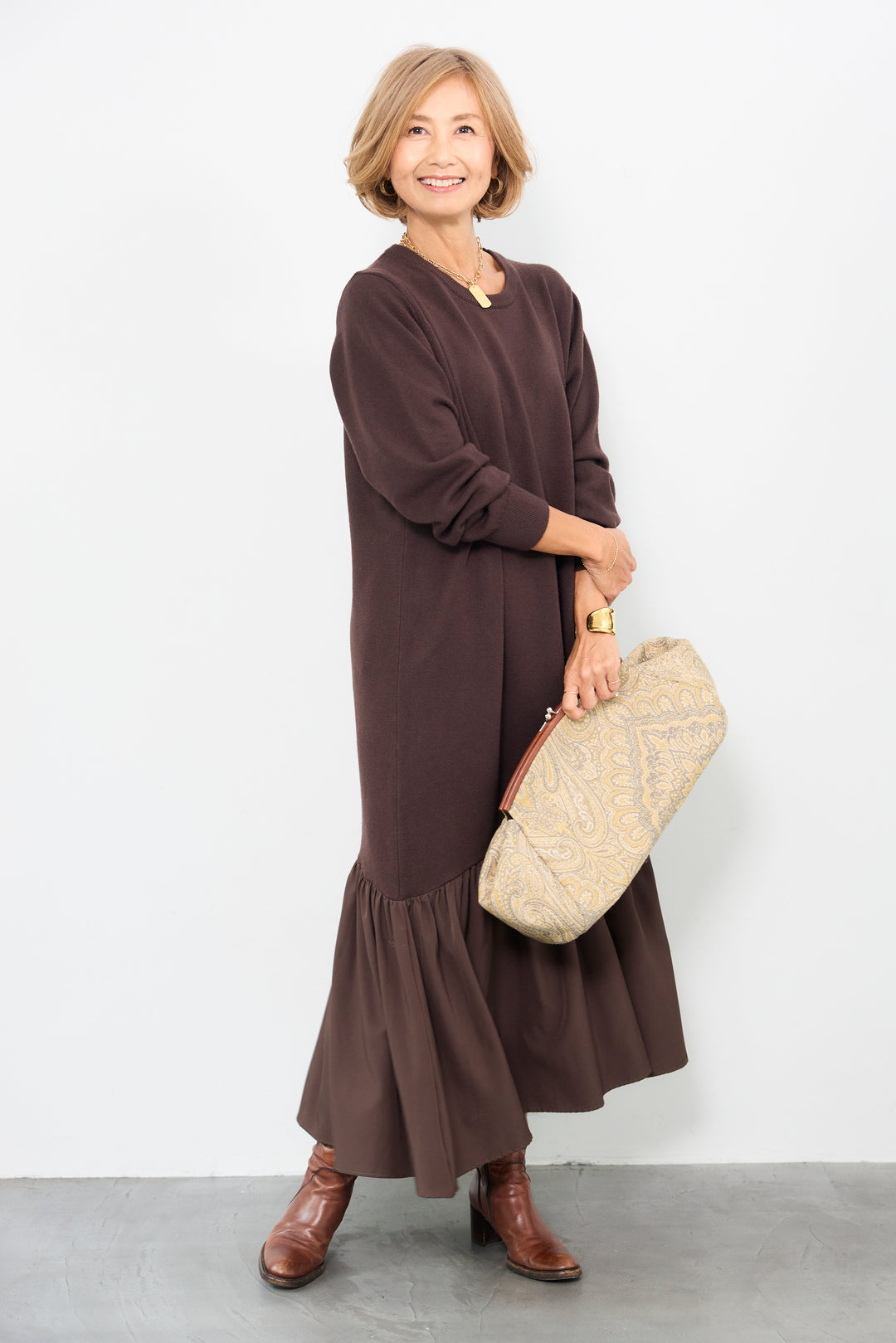 アシメ切替ニットワンピース