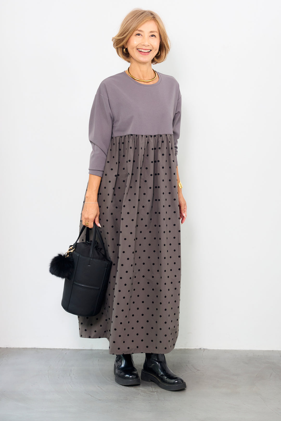 フロッキードット切替ワンピース