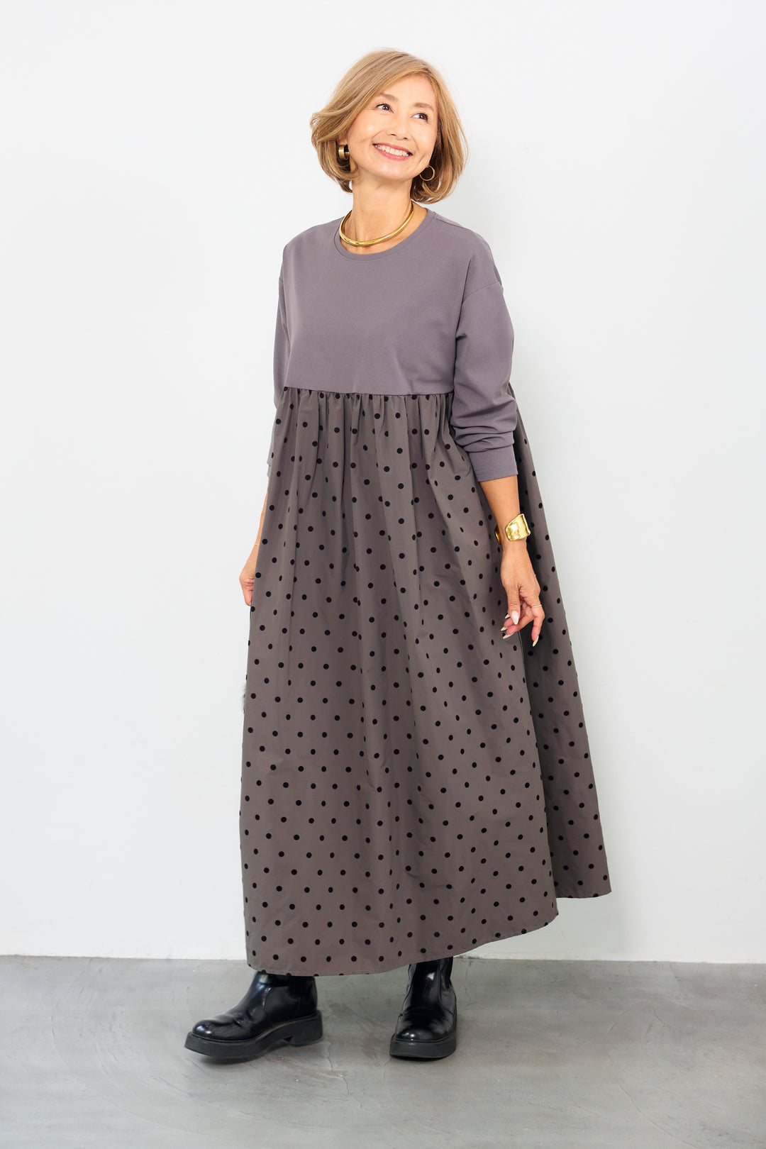 フロッキードット切替ワンピース