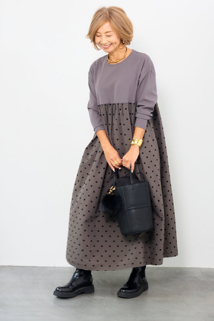 フロッキードット切替ワンピース