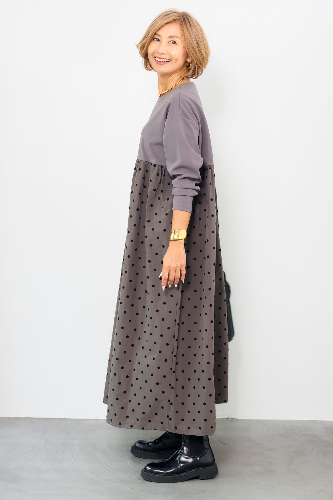 フロッキードット切替ワンピース