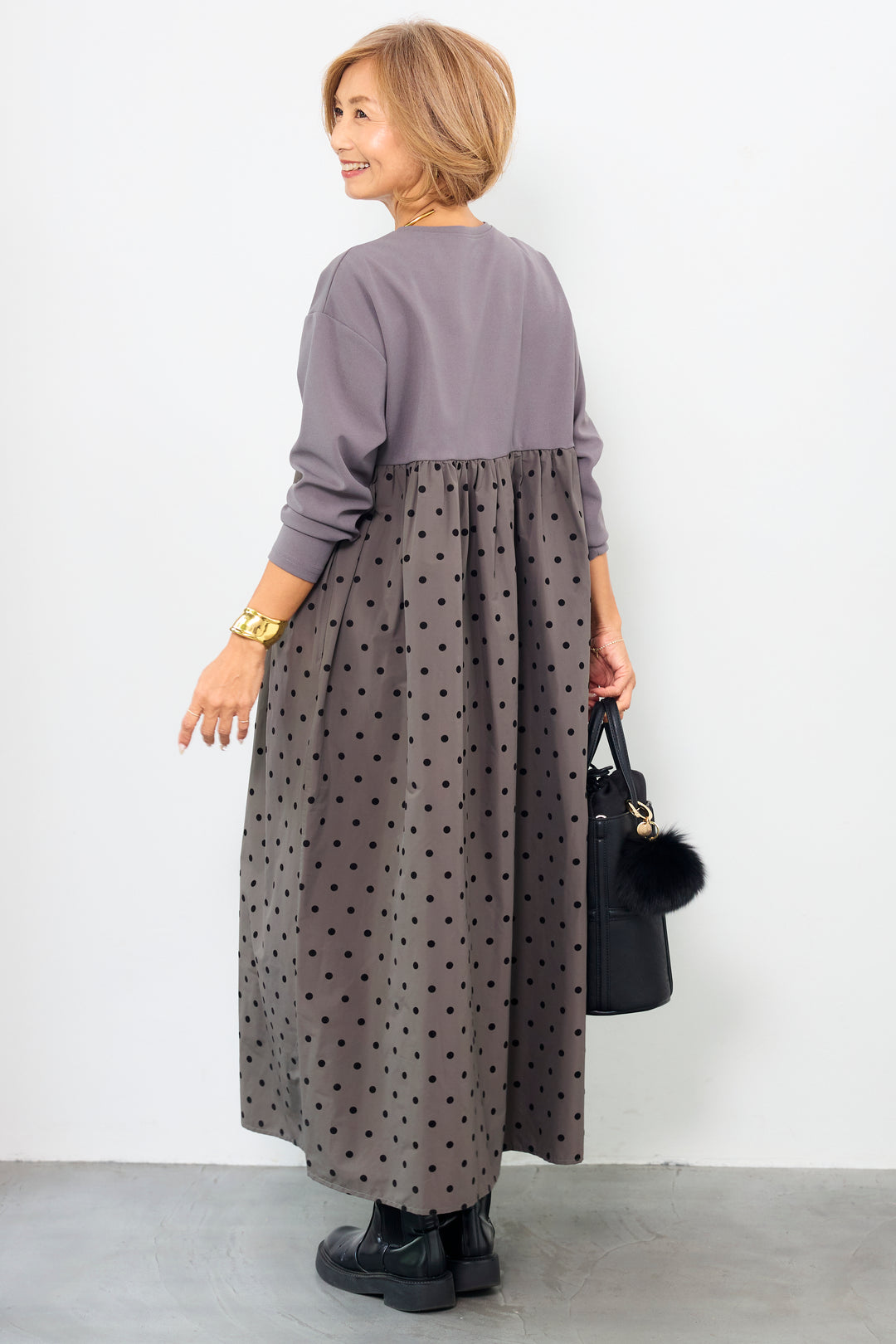 フロッキードット切替ワンピース