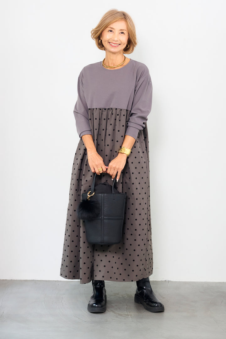 フロッキードット切替ワンピース