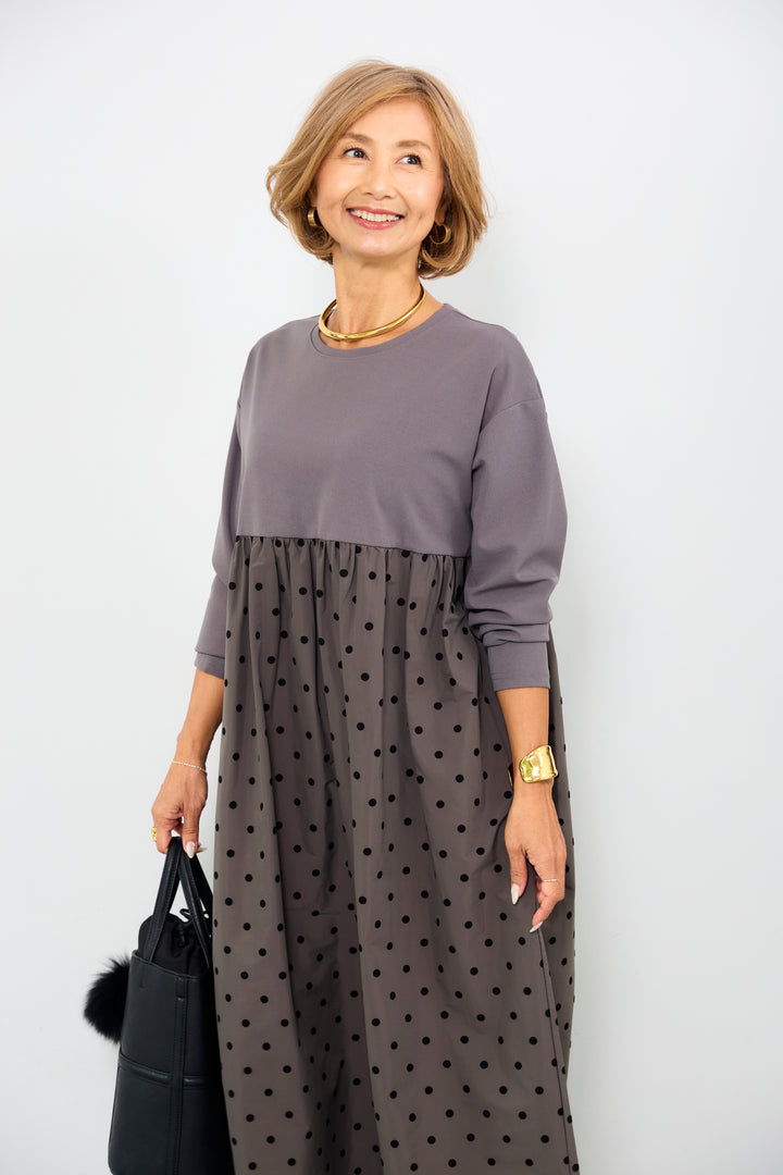 フロッキードット切替ワンピース