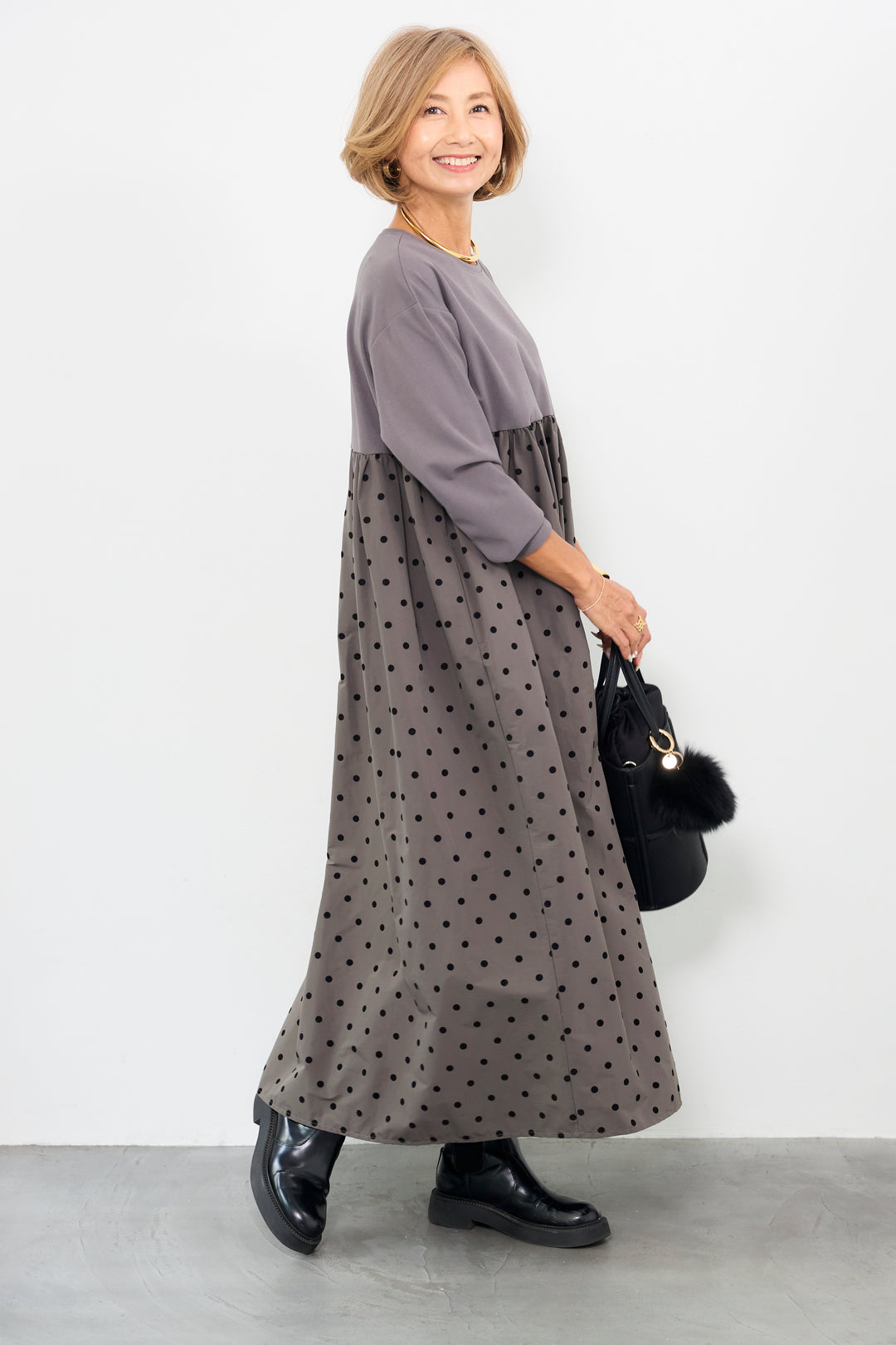 フロッキードット切替ワンピース