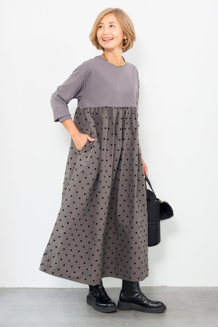 フロッキードット切替ワンピース