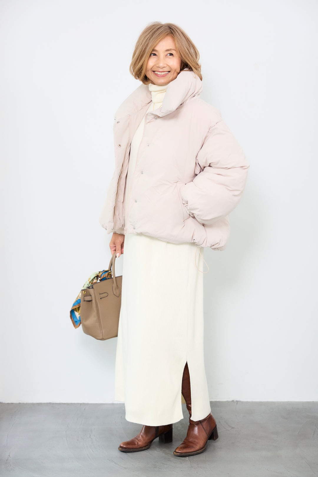 [SET]スタンドカラー中綿ショートブルゾン+タートルネックリブニットワンピース(2set)