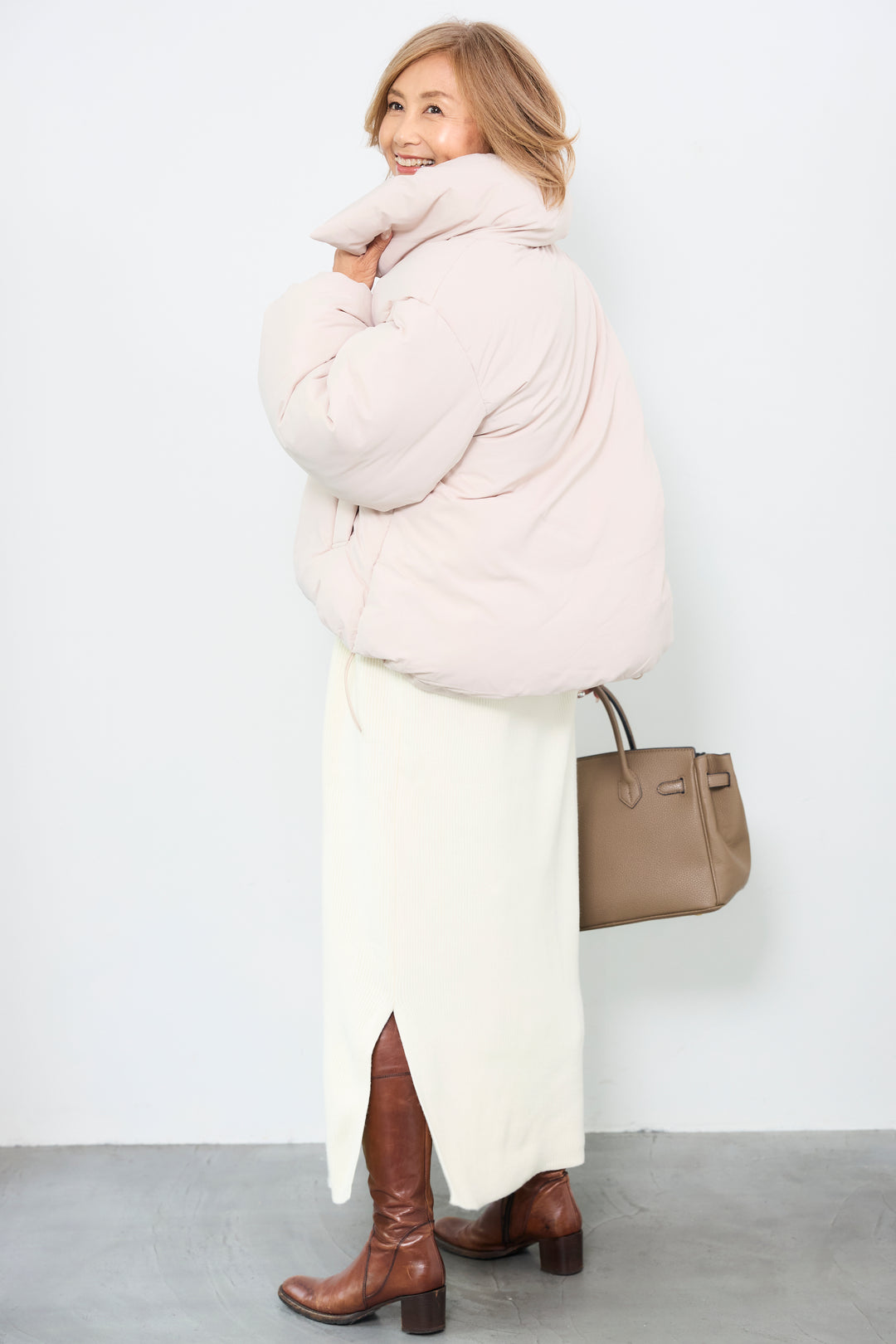 [SET]スタンドカラー中綿ショートブルゾン+タートルネックリブニットワンピース(2set)