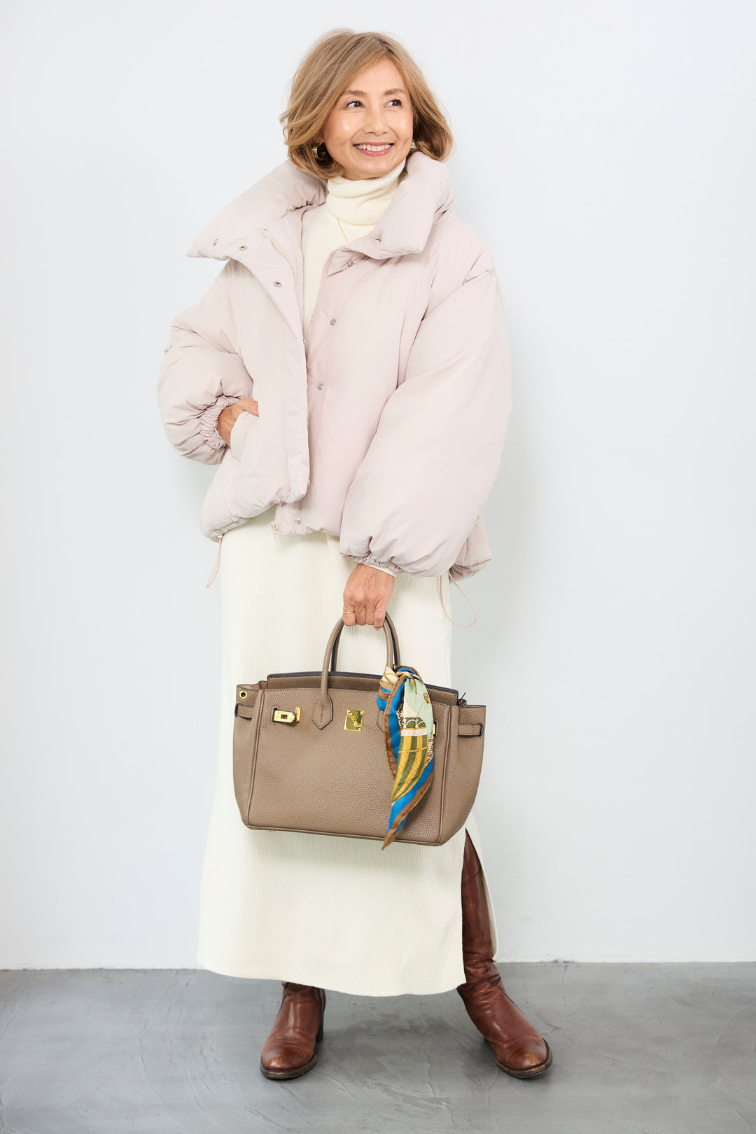 [SET]スタンドカラー中綿ショートブルゾン+タートルネックリブニットワンピース(2set)