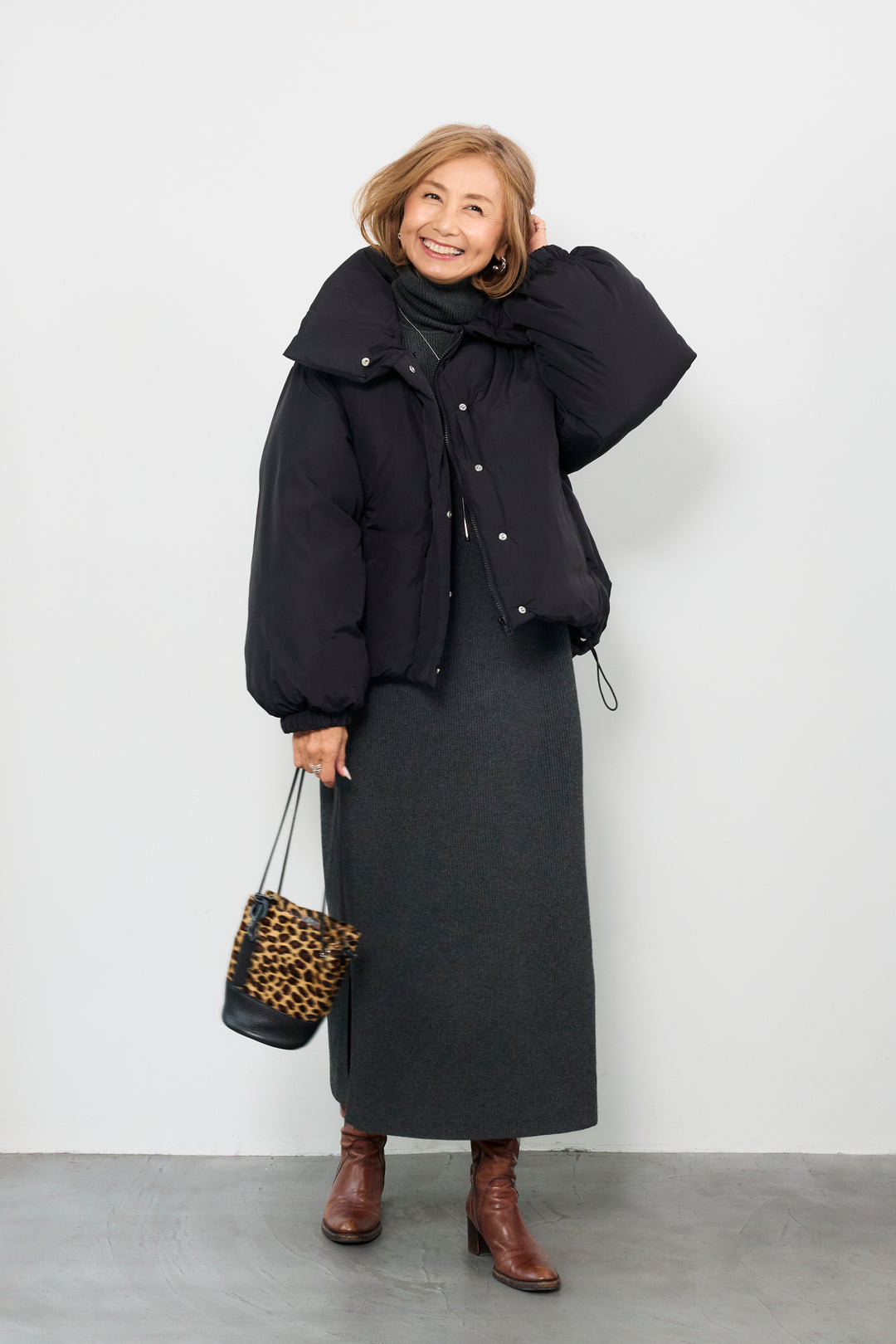 [SET]スタンドカラー中綿ショートブルゾン+タートルネックリブニットワンピース(2set)