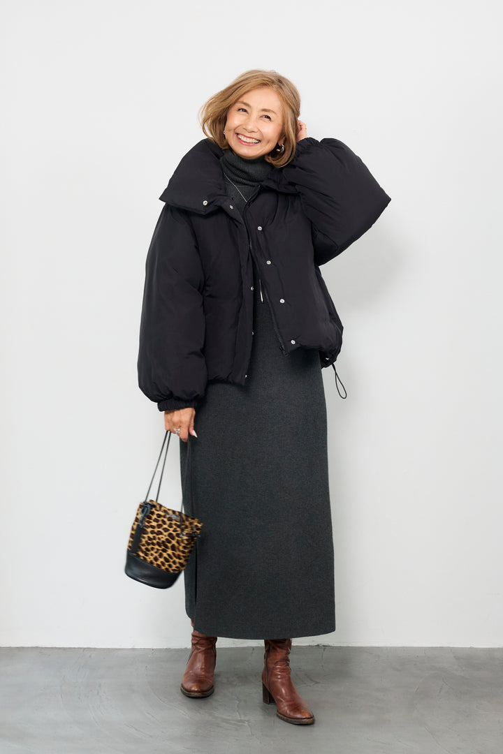 [SET]スタンドカラー中綿ショートブルゾン+タートルネックリブニットワンピース(2set)