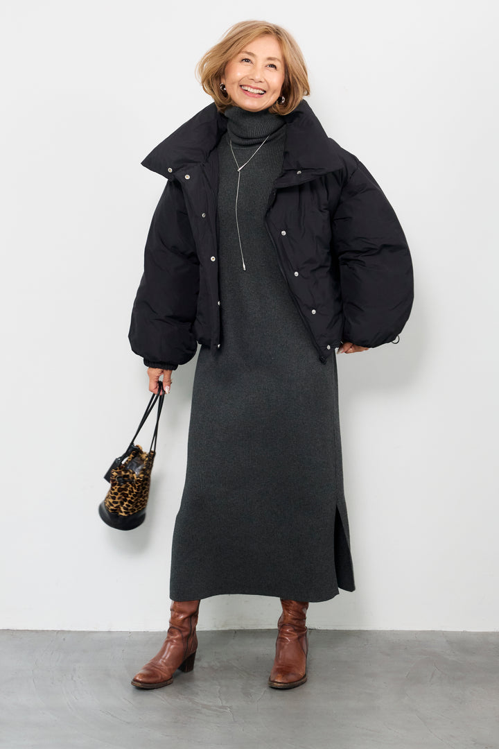 [SET]スタンドカラー中綿ショートブルゾン+タートルネックリブニットワンピース(2set)