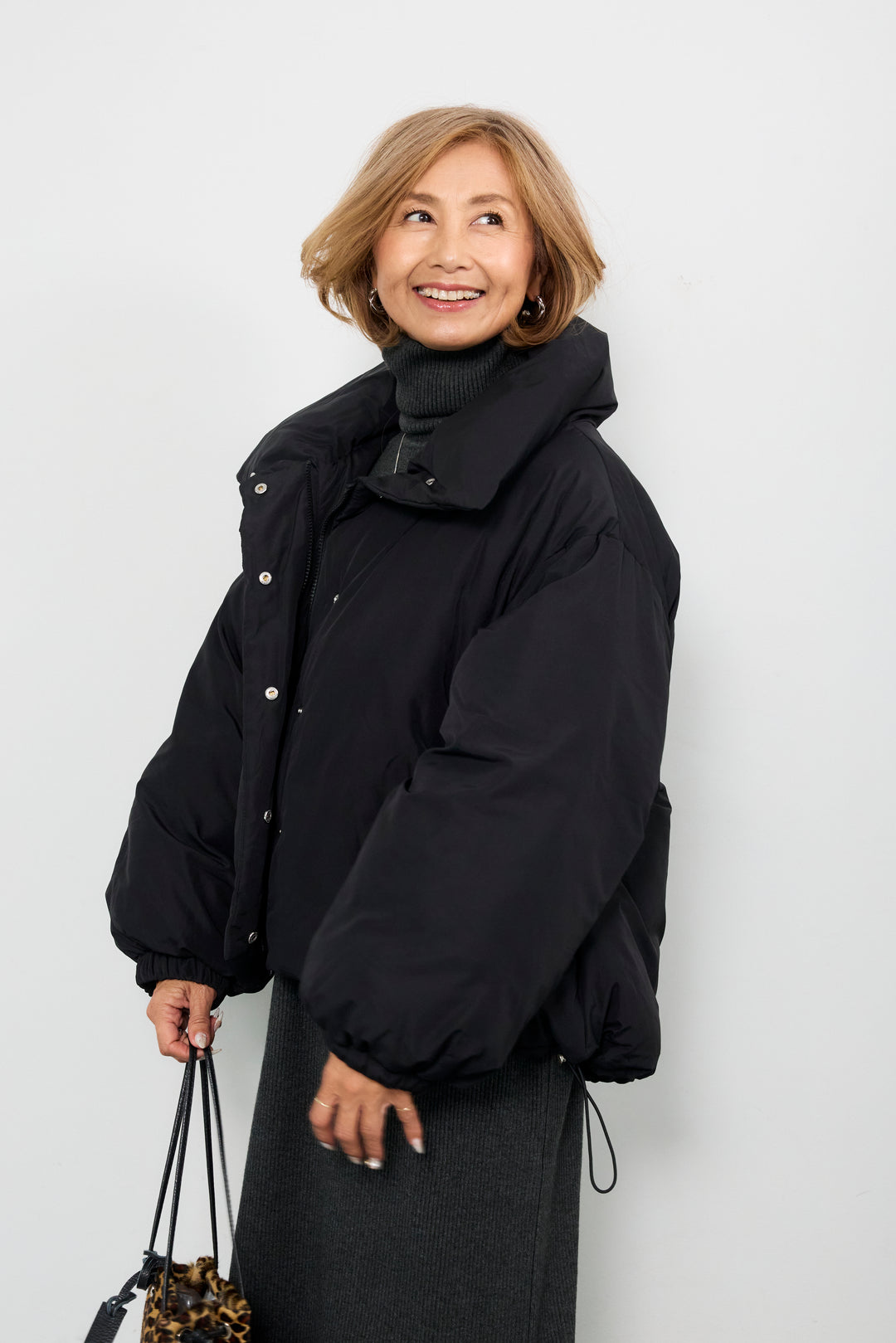 [SET]スタンドカラー中綿ショートブルゾン+タートルネックリブニットワンピース(2set)