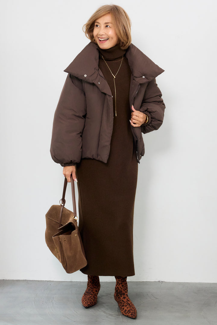 [SET]スタンドカラー中綿ショートブルゾン+タートルネックリブニットワンピース(2set)