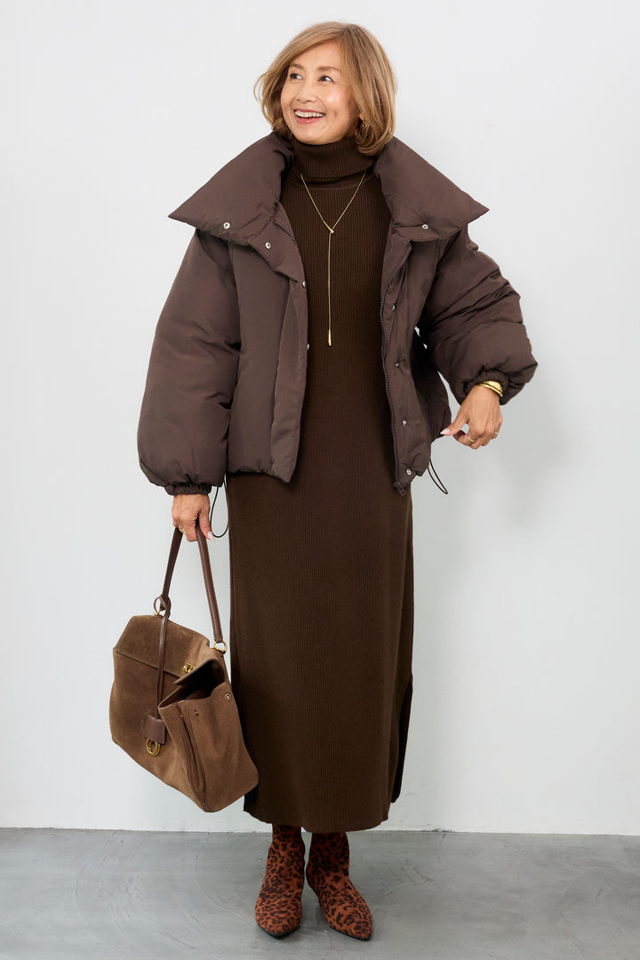 [SET]スタンドカラー中綿ショートブルゾン+タートルネックリブニットワンピース(2set)