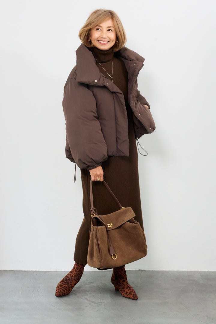 [SET]スタンドカラー中綿ショートブルゾン+タートルネックリブニットワンピース(2set)