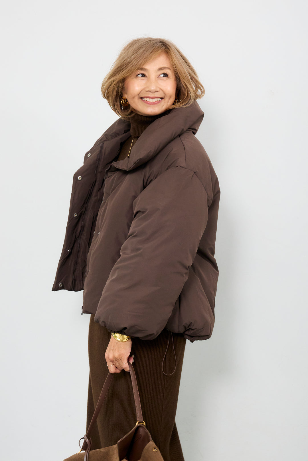 [SET]スタンドカラー中綿ショートブルゾン+タートルネックリブニットワンピース(2set)