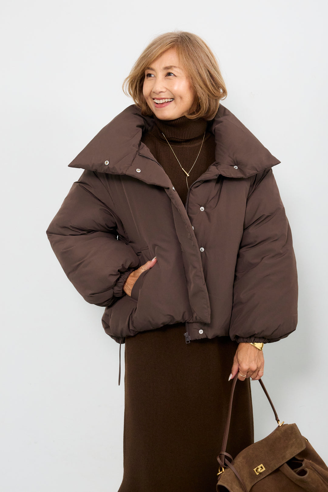 [SET]スタンドカラー中綿ショートブルゾン+タートルネックリブニットワンピース(2set)