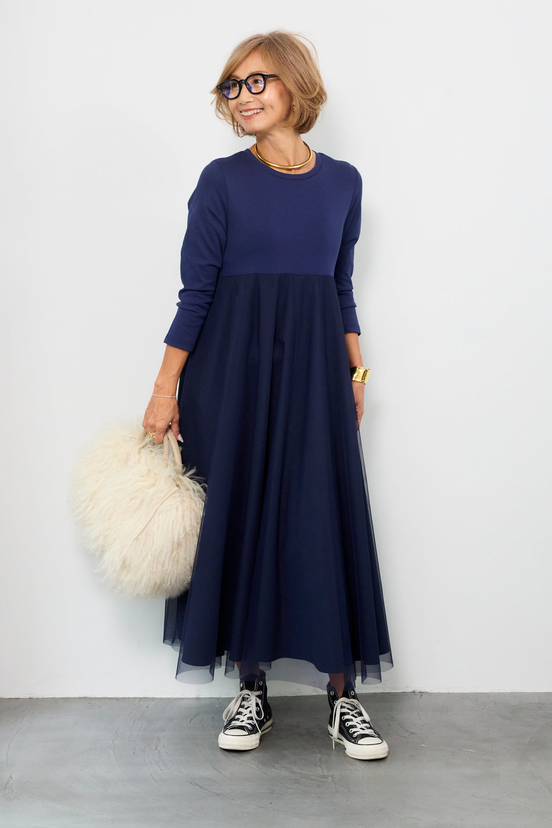 チュール切替カットワンピース