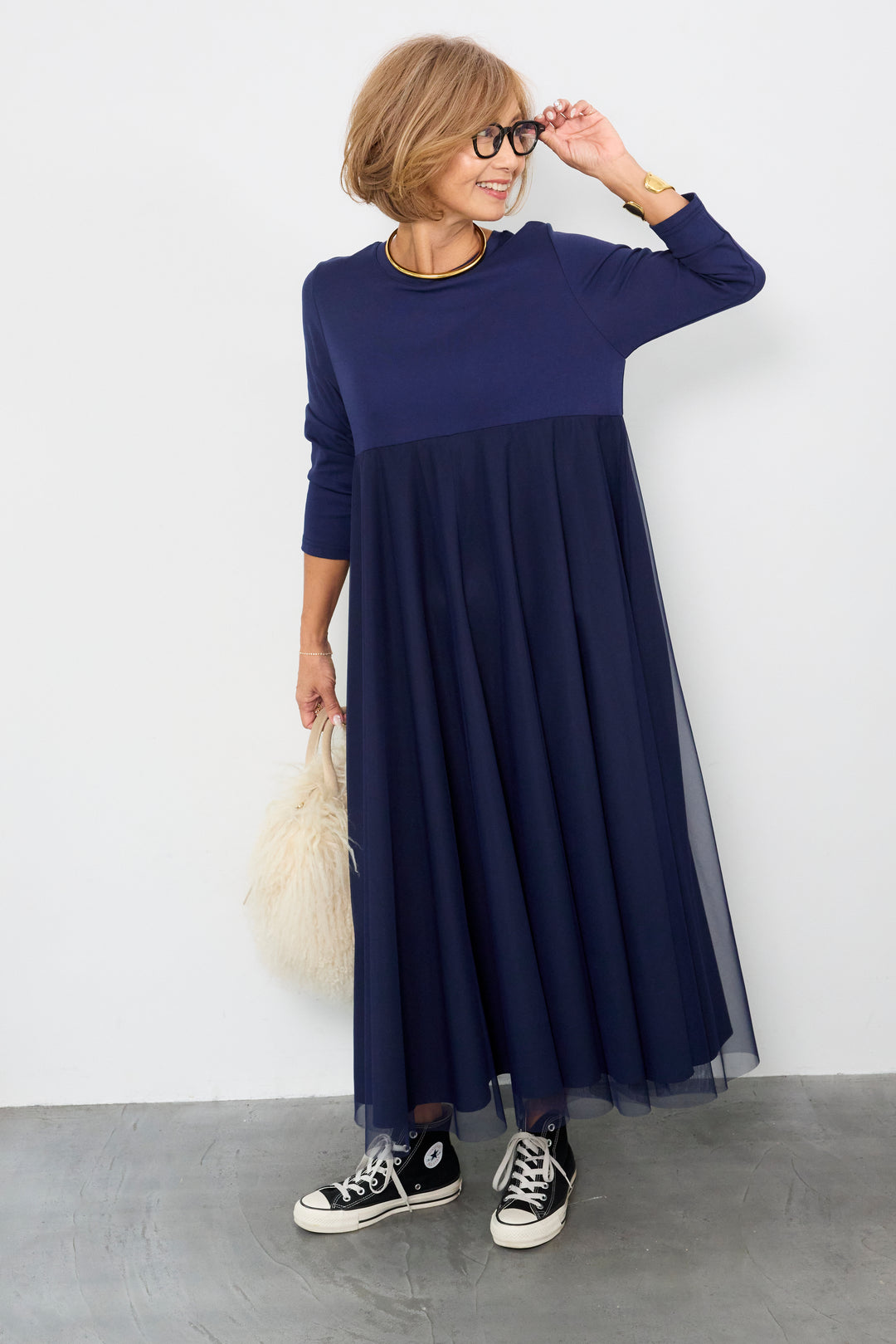 チュール切替カットワンピース