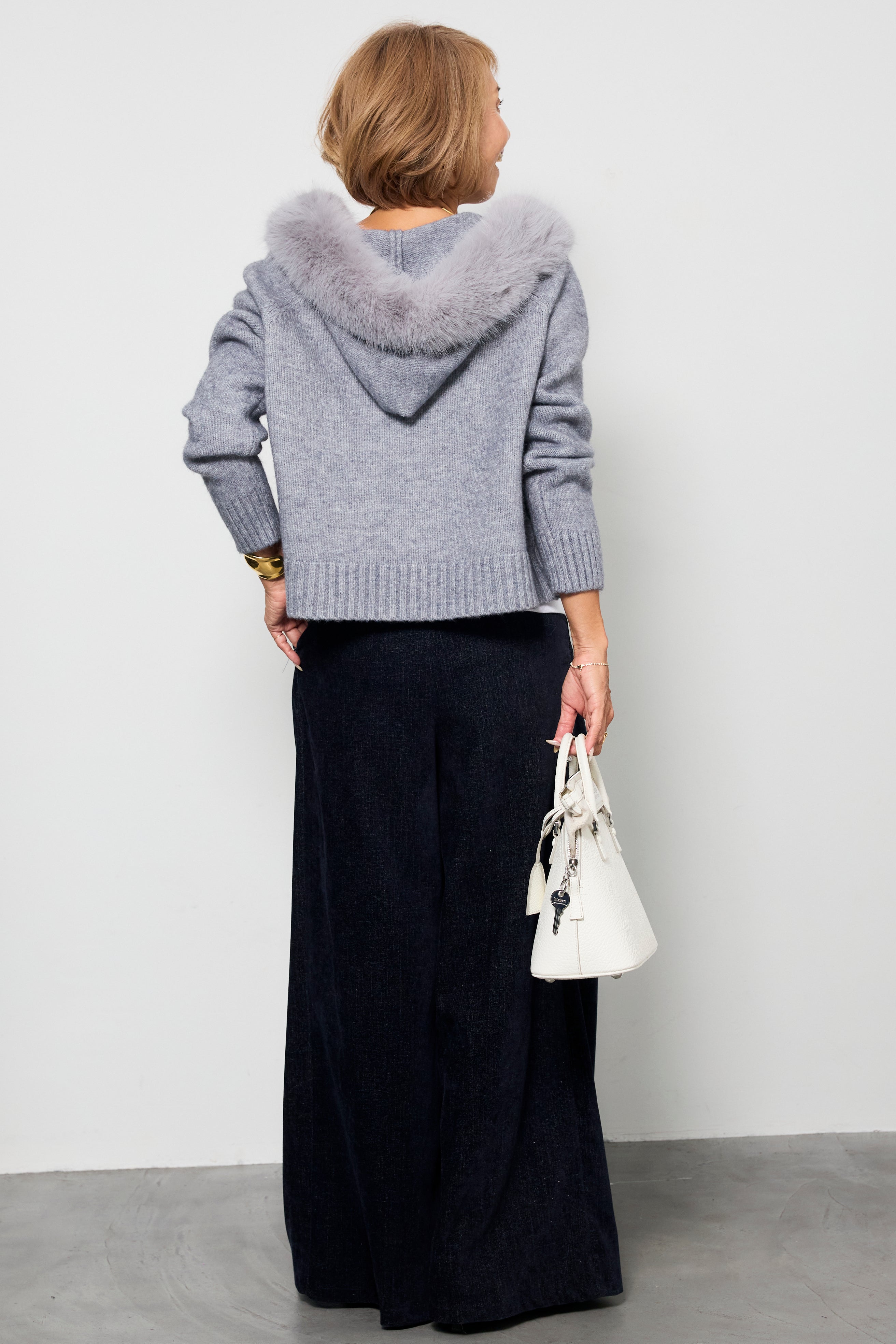 SET]ファーフードニットパーカー+デニムライク起毛ワイドパンツ(2set