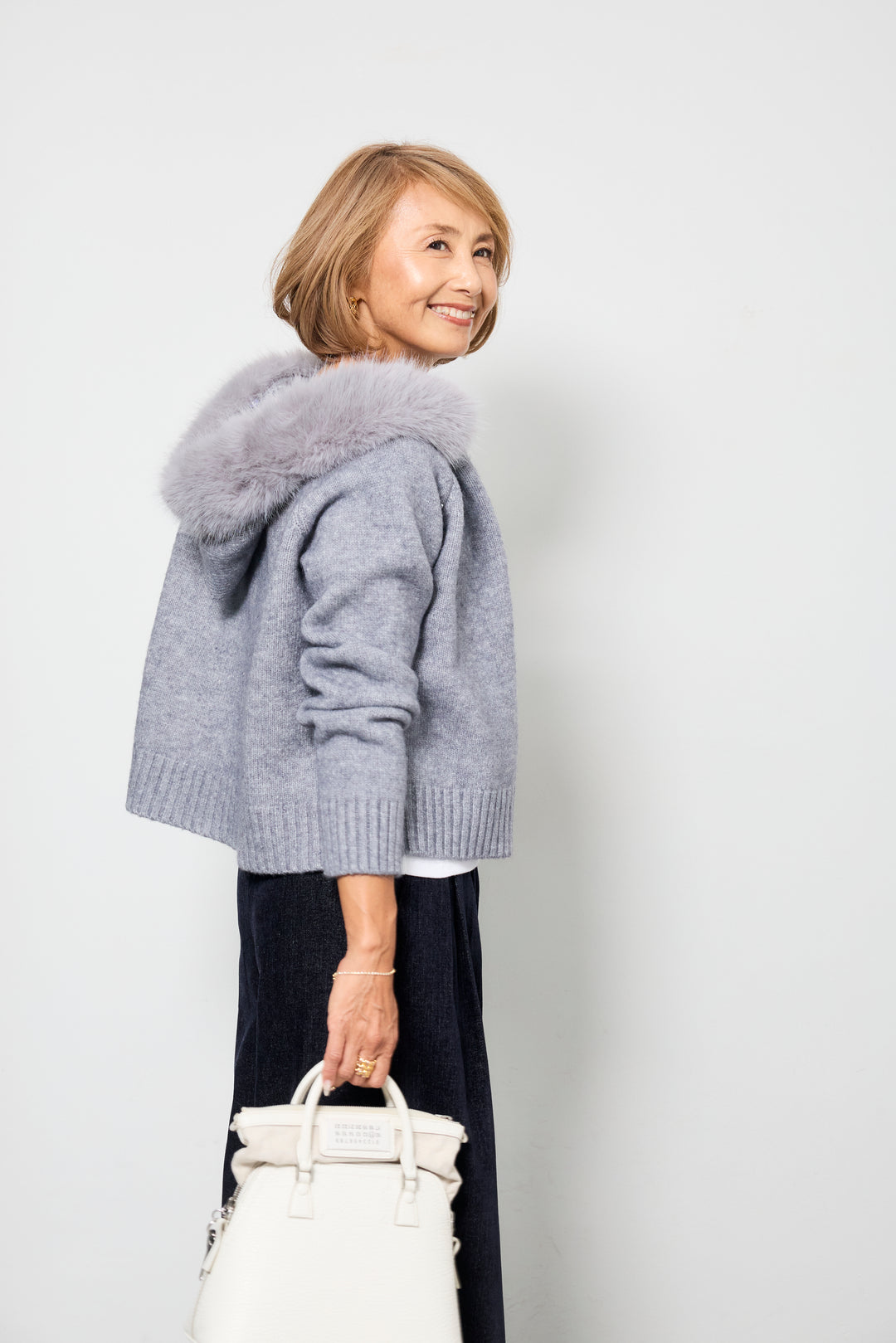 [SET]ファーフードニットパーカー+デニムライク起毛ワイドパンツ(2set)