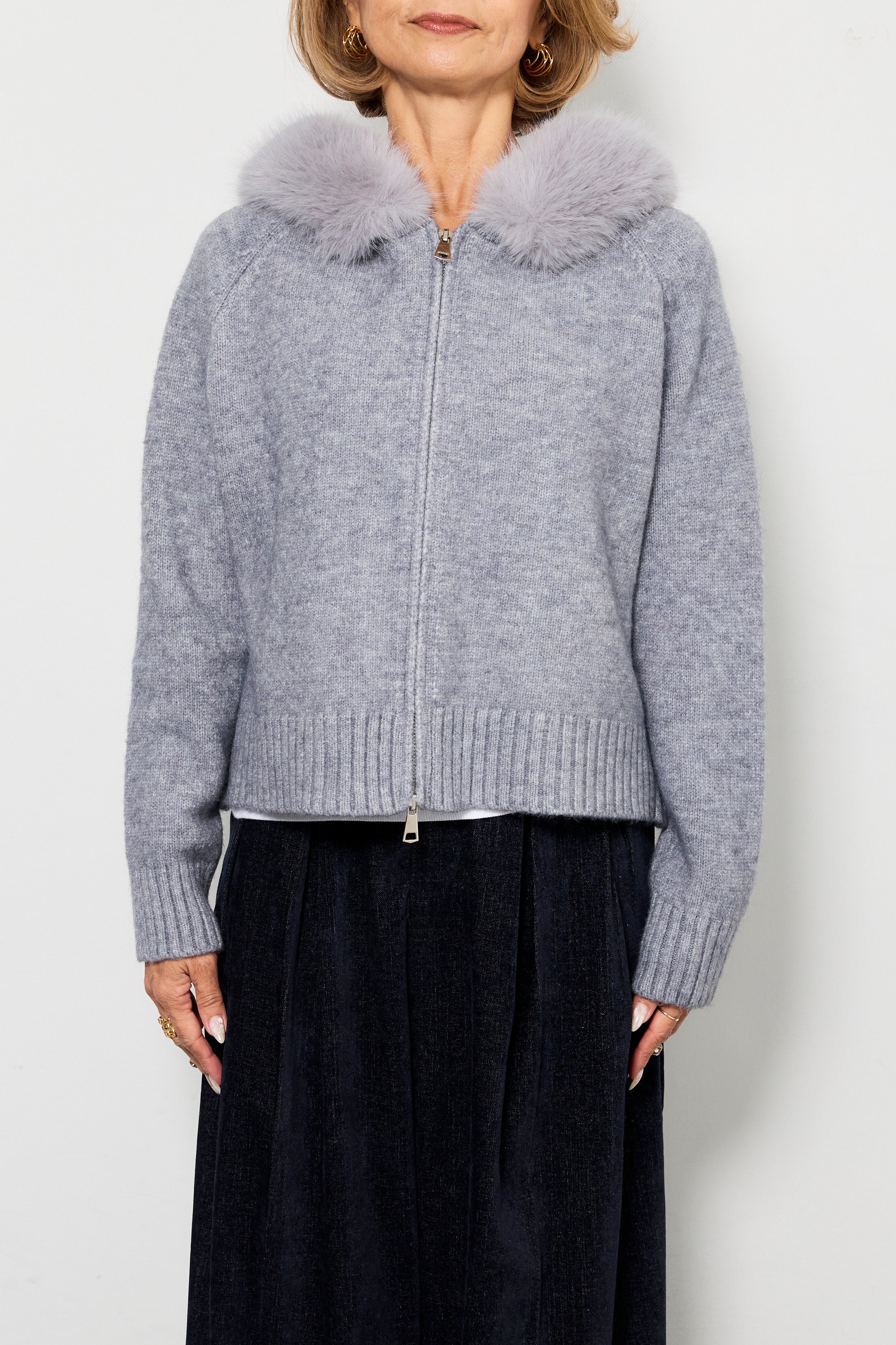 tamOTOHA ファーフードニットパーカー+デニムライク起毛ワイドパンツ SET]ファーフードニットパーカー+デニムライク起毛ワイドパンツ(2set