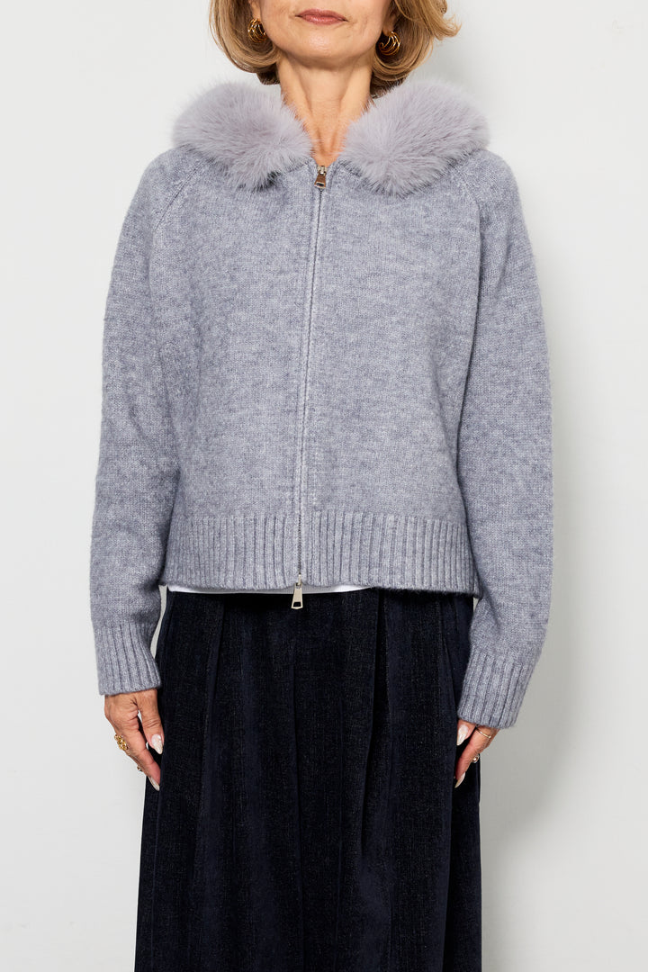 [SET]ファーフードニットパーカー+デニムライク起毛ワイドパンツ(2set)