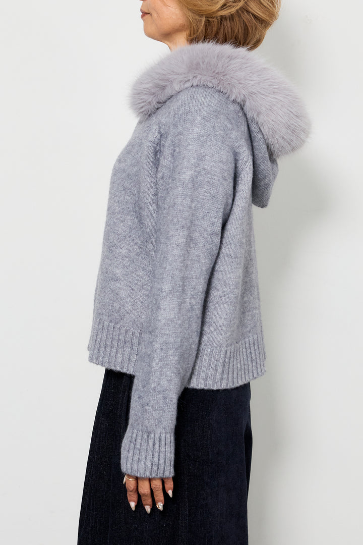 [SET]ファーフードニットパーカー+デニムライク起毛ワイドパンツ(2set)