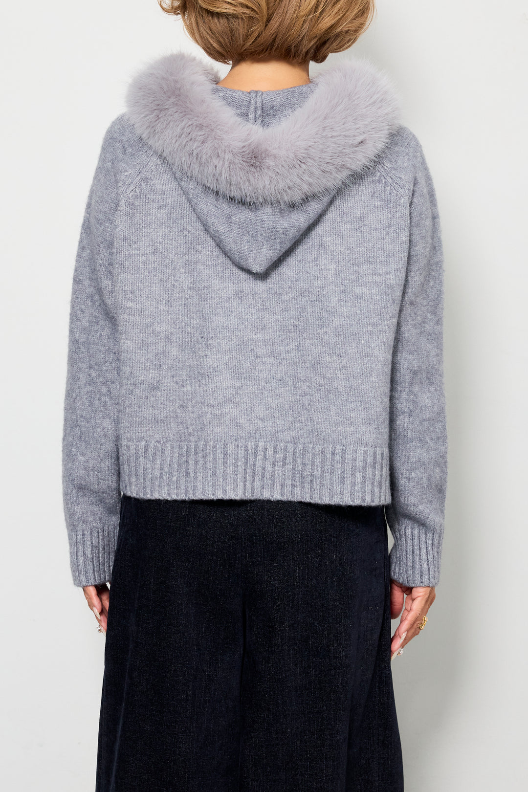 [SET]ファーフードニットパーカー+デニムライク起毛ワイドパンツ(2set)