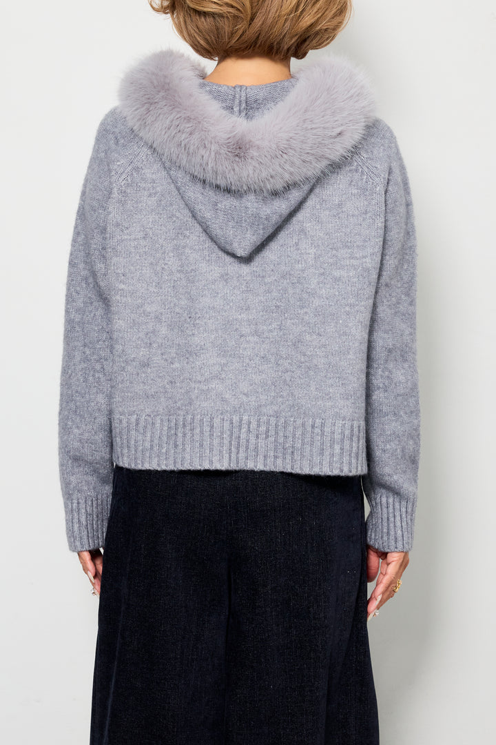 [SET]ファーフードニットパーカー+デニムライク起毛ワイドパンツ(2set)