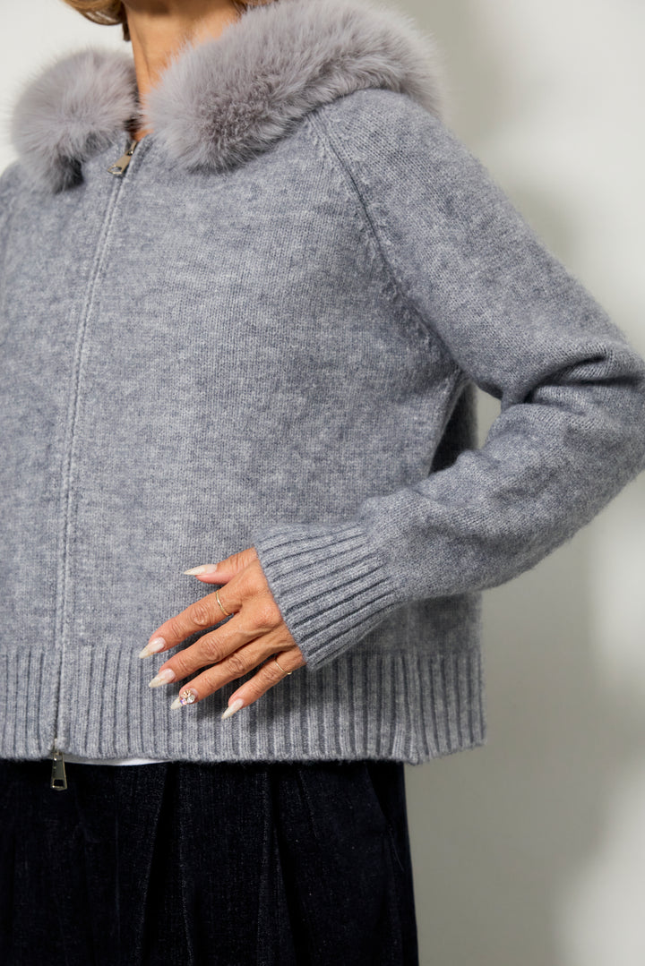 [SET]ファーフードニットパーカー+デニムライク起毛ワイドパンツ(2set)