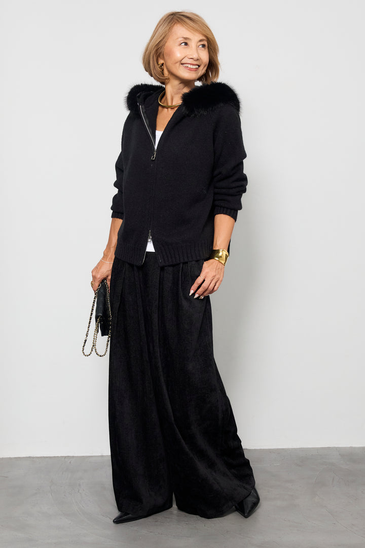 ファーフードニットパーカー