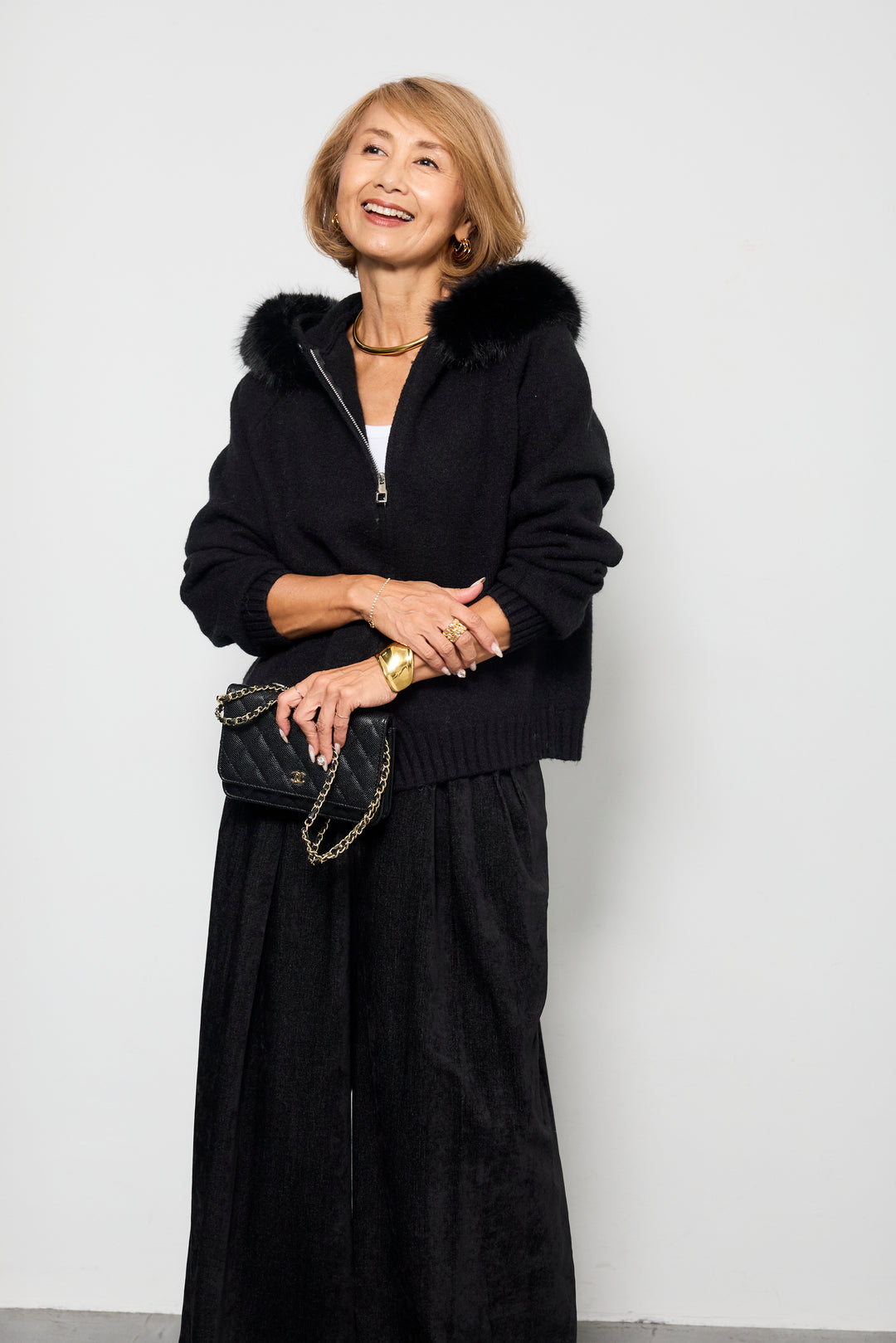 [SET]ファーフードニットパーカー+デニムライク起毛ワイドパンツ(2set)