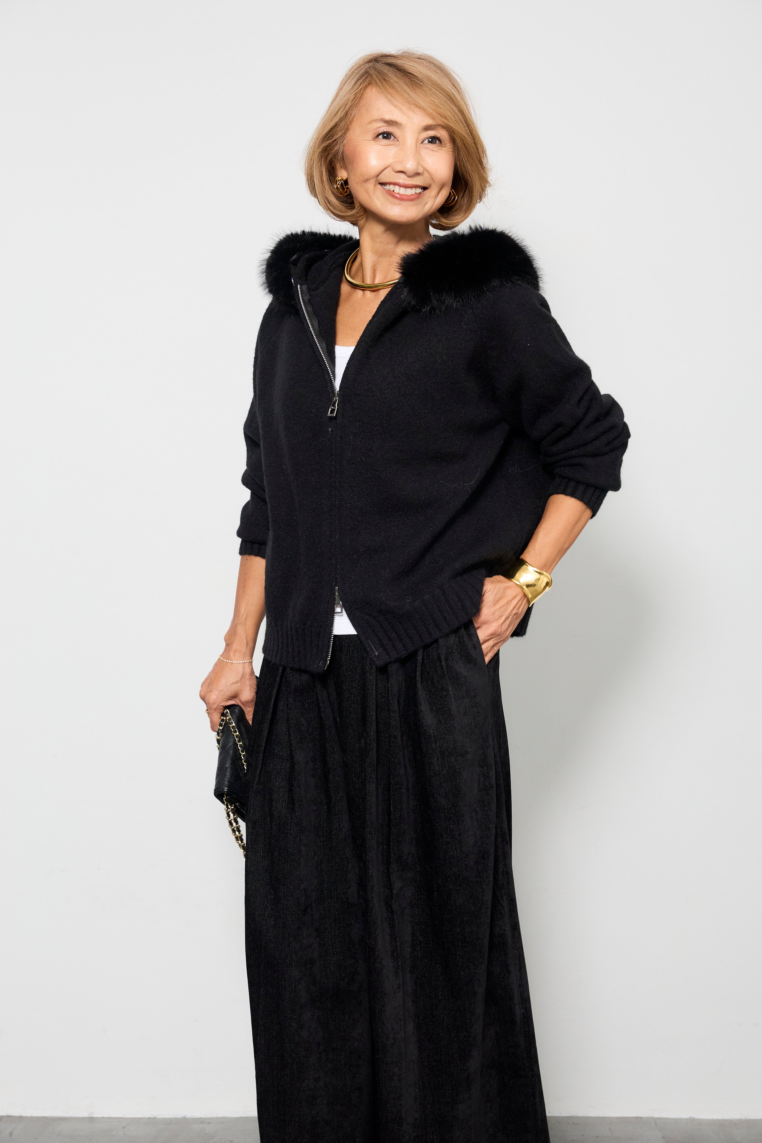 tamOTOHA ファーフードニットパーカー+デニムライク起毛ワイドパンツ SET]ファーフードニットパーカー+デニムライク起毛ワイドパンツ(2set