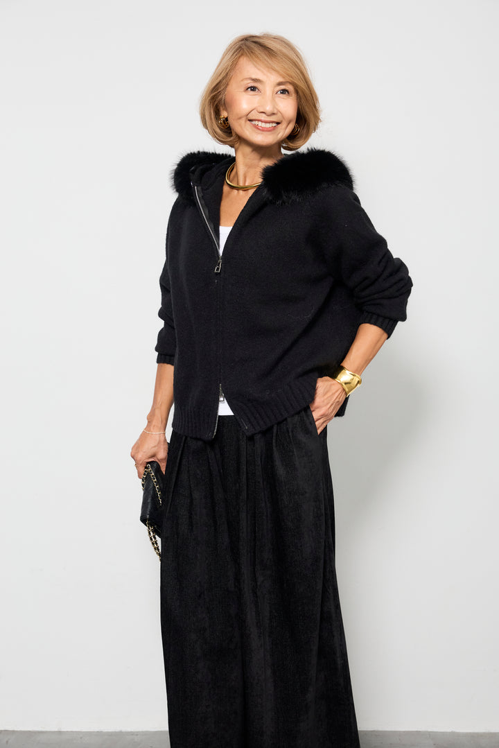 [SET]ファーフードニットパーカー+デニムライク起毛ワイドパンツ(2set)