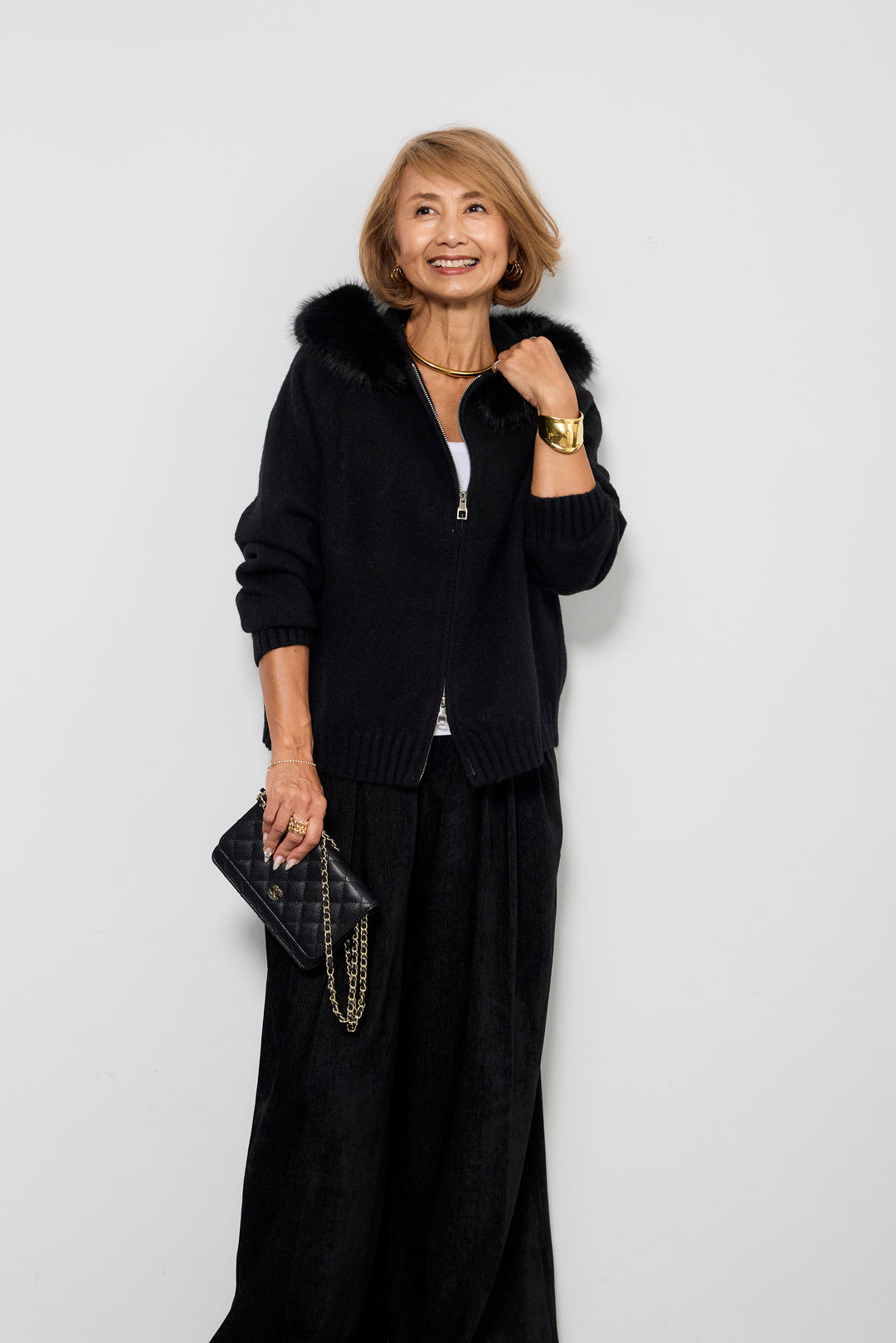 [SET]ファーフードニットパーカー+デニムライク起毛ワイドパンツ(2set)