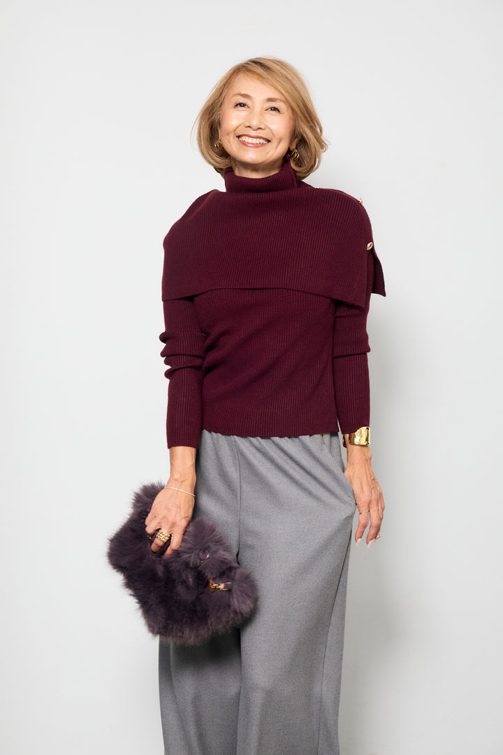 ボタンデザインケープニットアンサンブル