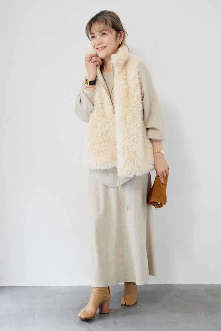 [SET]ロングミックスファーベスト+ニットアップ アシンメトリープルオーバー＆ロングスカート(2set)