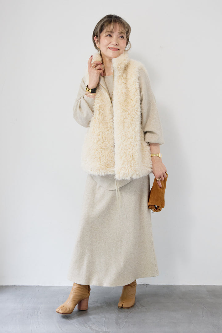 [SET]ロングミックスファーベスト+ニットアップ アシンメトリープルオーバー＆ロングスカート(2set)