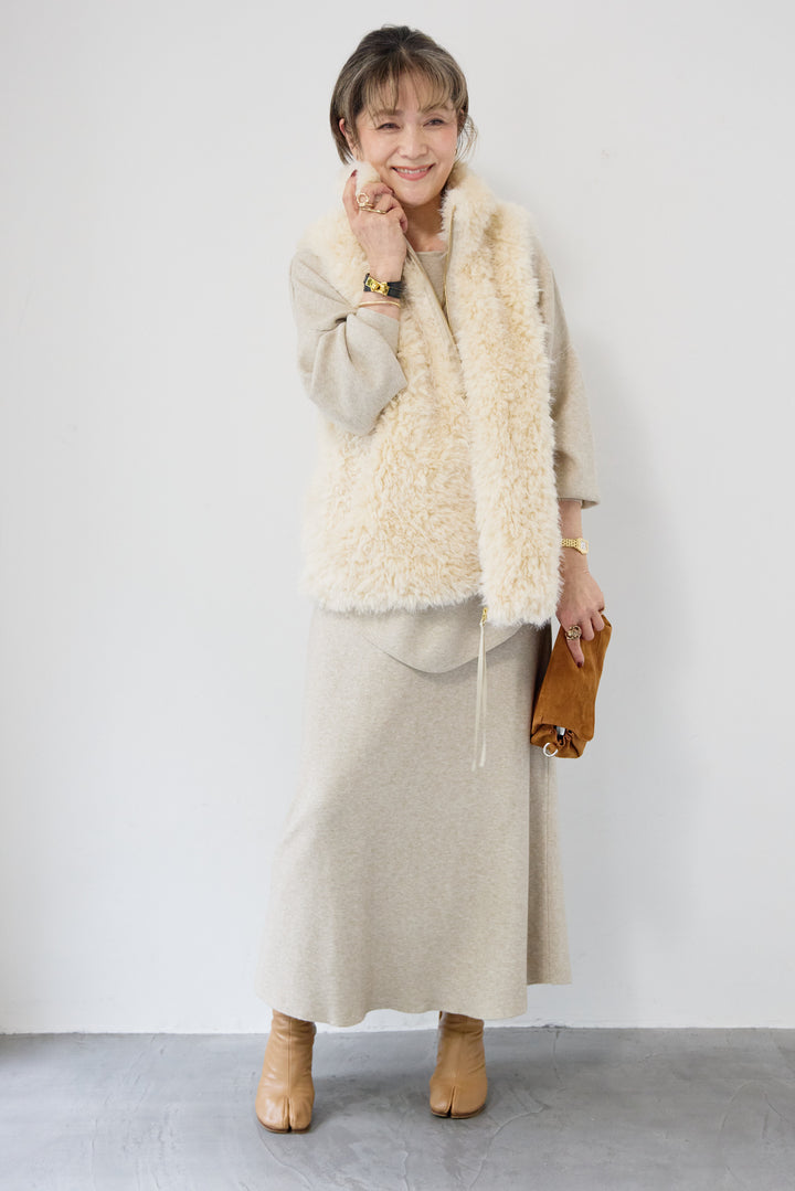 [SET]ロングミックスファーベスト+ニットアップ アシンメトリープルオーバー＆ロングスカート(2set)