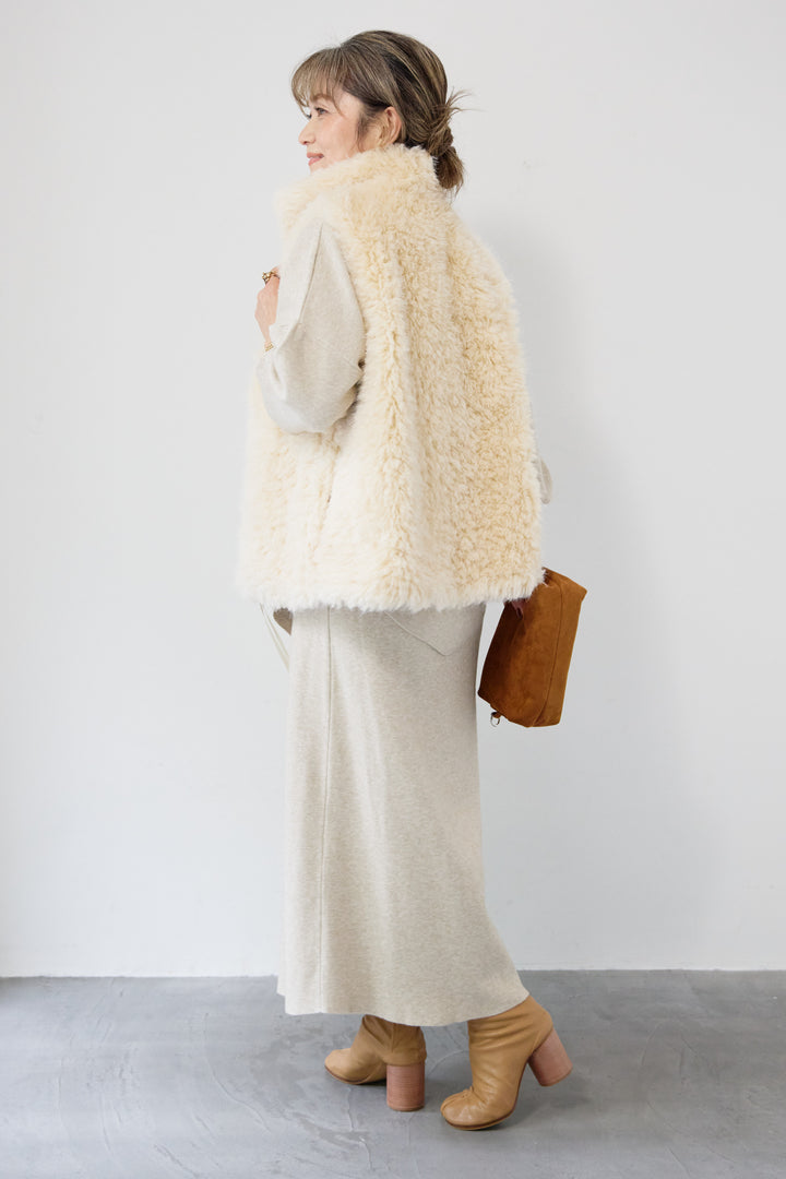 [SET]ロングミックスファーベスト+ニットアップ アシンメトリープルオーバー＆ロングスカート(2set)