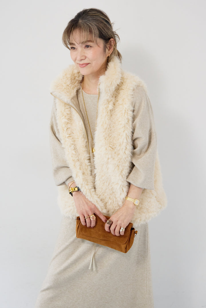 [SET]ロングミックスファーベスト+ニットアップ アシンメトリープルオーバー＆ロングスカート(2set)