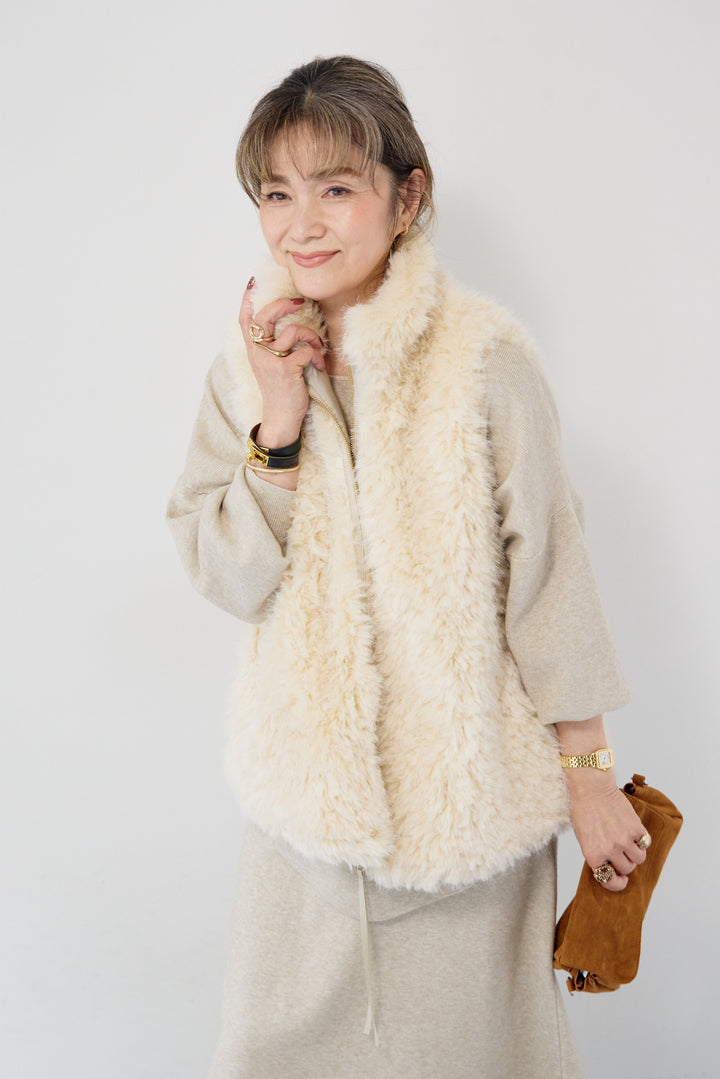 [SET]ロングミックスファーベスト+ニットアップ アシンメトリープルオーバー＆ロングスカート(2set)